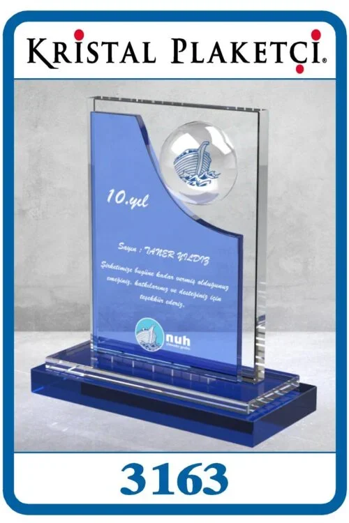 Mavi Camlı Yarım Küreli 10 Yıl Kıdem Plaketi – 3163 (20×23cm)