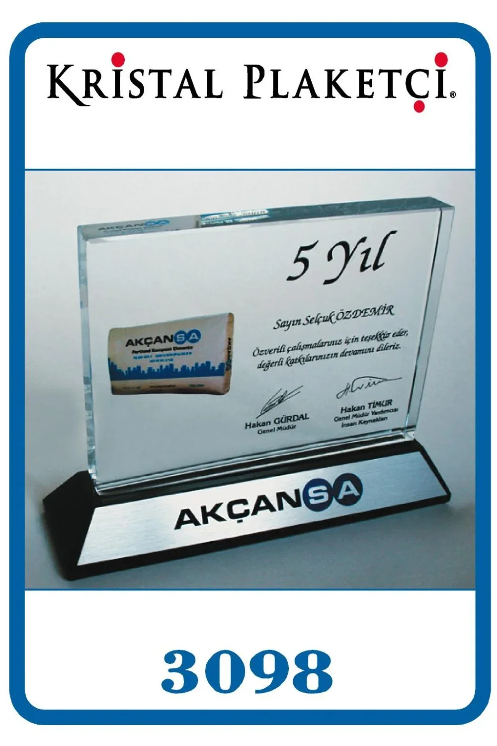 Beş Yıl Akçansa Kıdem Plaketi Kristal Cam – 3098 (16x15cm)