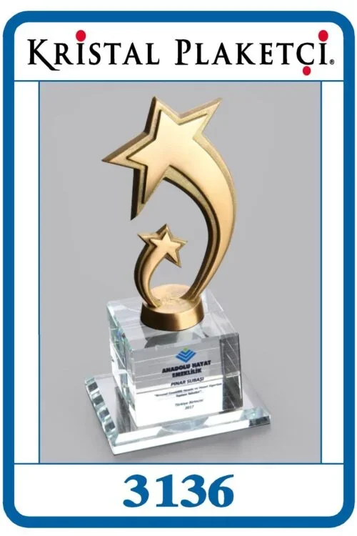 Altın Yıldızlı Vip Kristal Cam Ödül Plaketi – 3136 (8x8x21cm) – Kod 3136 | kristal plaket