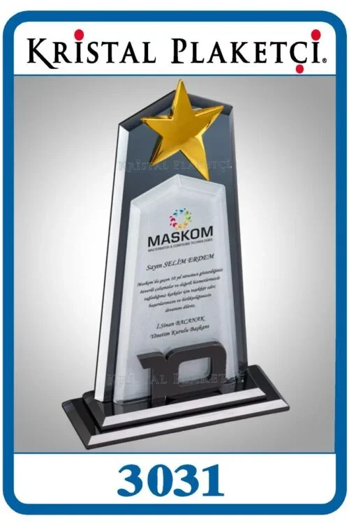 Vip Kristal Cam 10. Yıl Kıdem Ödül Plaketi – 3031 (15x26cm) – Kod 3031 | kristal plaket