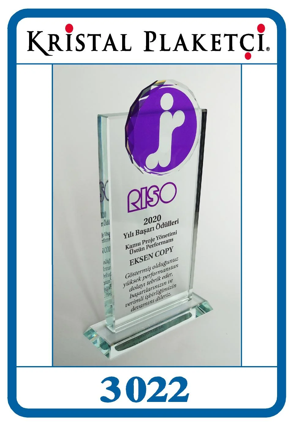 Cam Plaket Kristal Panolu Ödül - 3022  (10,5x25cm) – Kod 3022 | kristal plaket